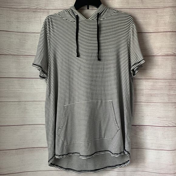 Sunday Black and White Striped Hoodie Short Sleeve Shirt Kangaroo Pocket Size L - Picture 1 of 16